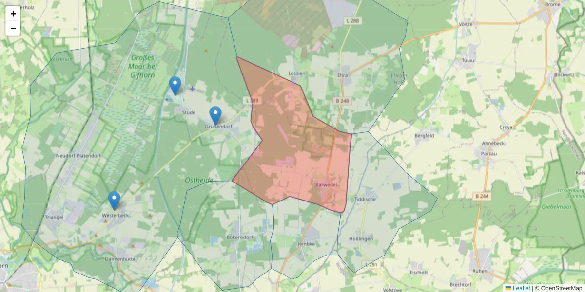 Karte des Postleitzahlen Bereichs  und der umliegenden Postleitzahlen in Deutschland