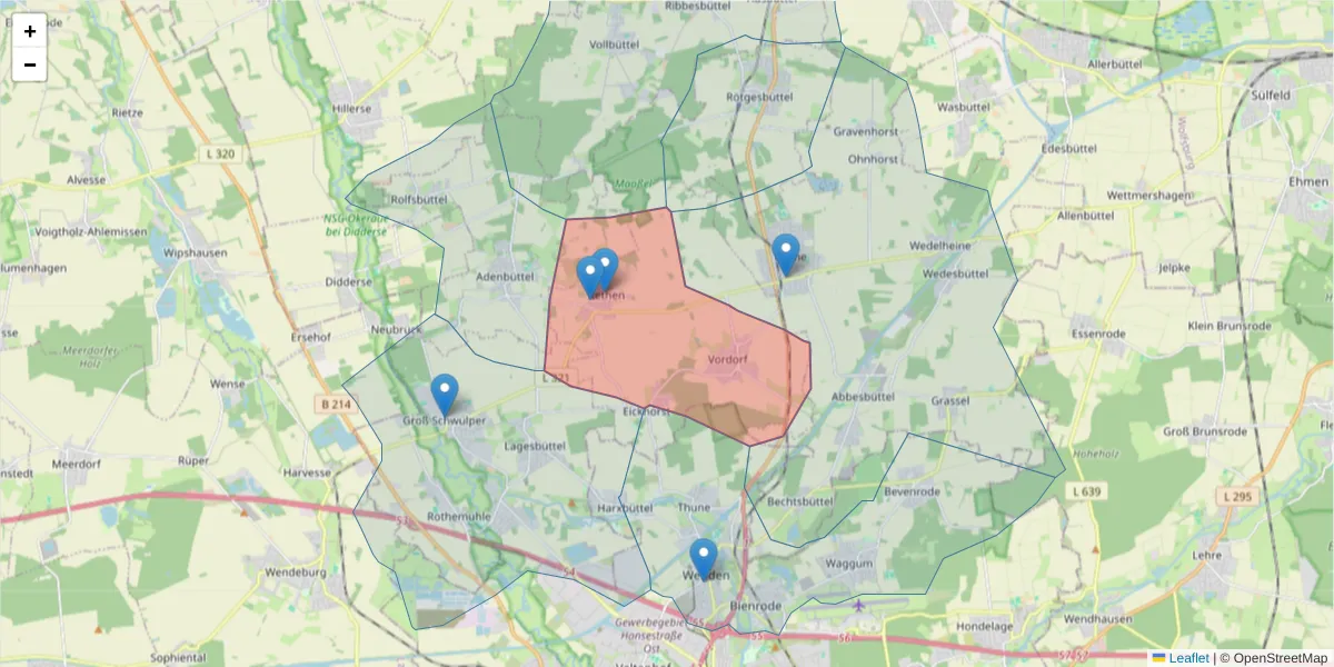 Karte des Postleitzahlen Bereichs  und der umliegenden Postleitzahlen in Deutschland