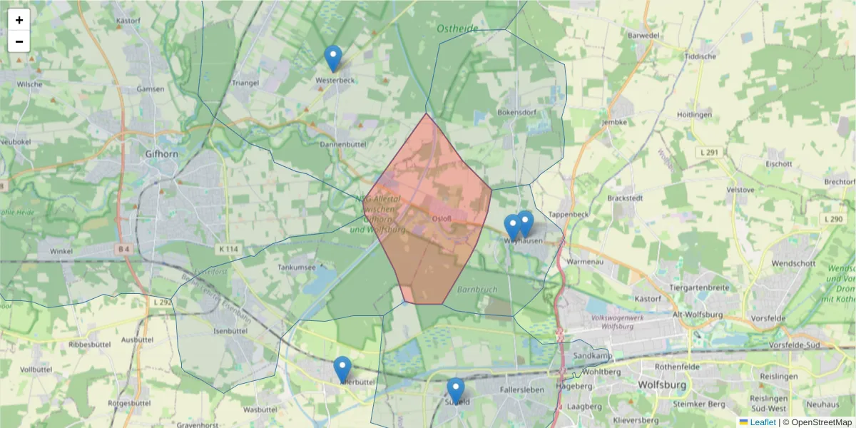 Karte des Postleitzahlen Bereichs  und der umliegenden Postleitzahlen in Deutschland