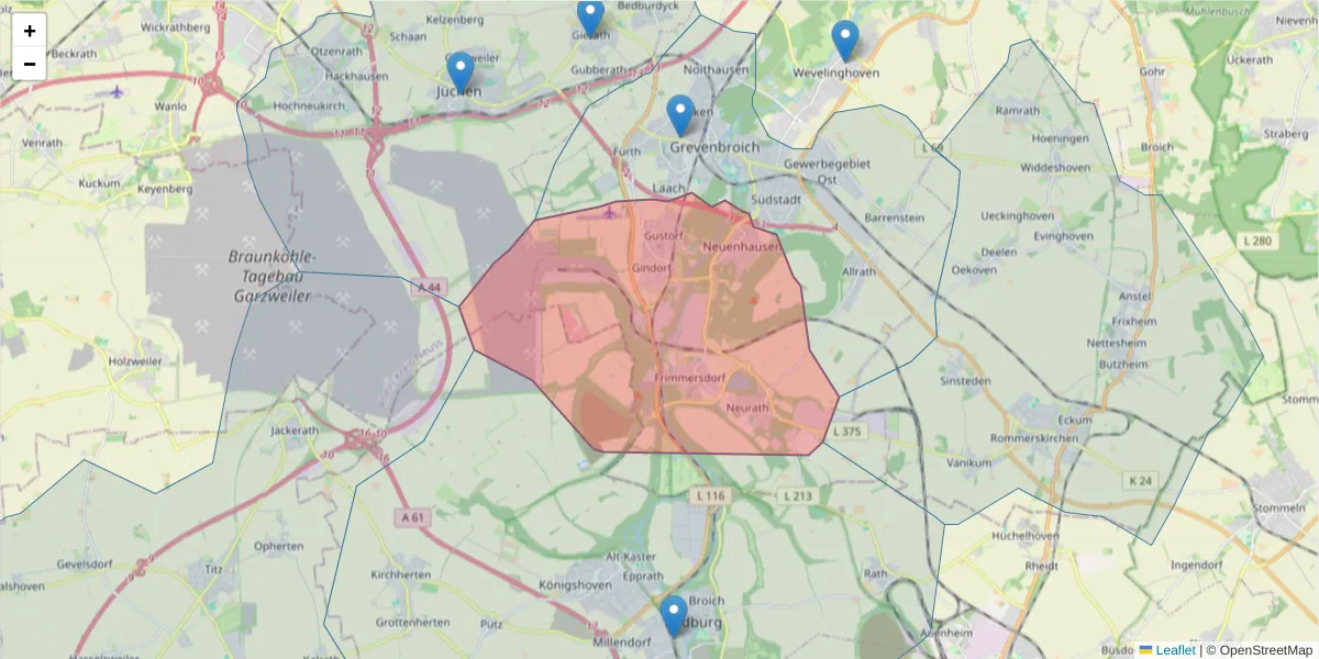 Karte des Postleitzahlen Bereichs  und der umliegenden Postleitzahlen in Deutschland