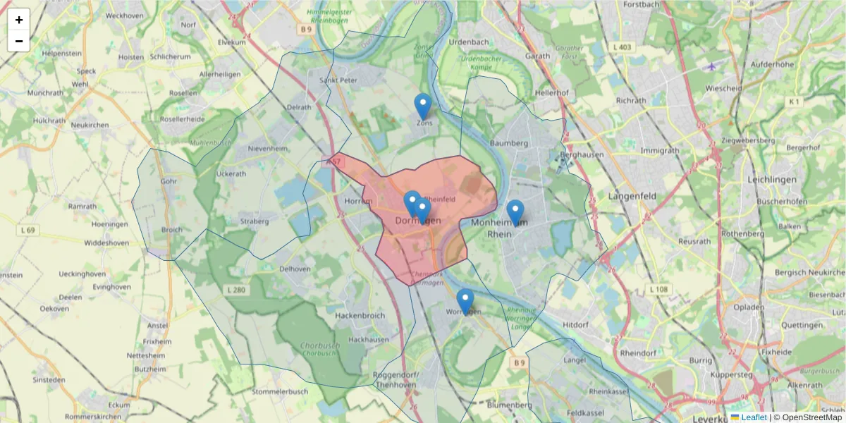 Karte des Postleitzahlen Bereichs  und der umliegenden Postleitzahlen in Deutschland