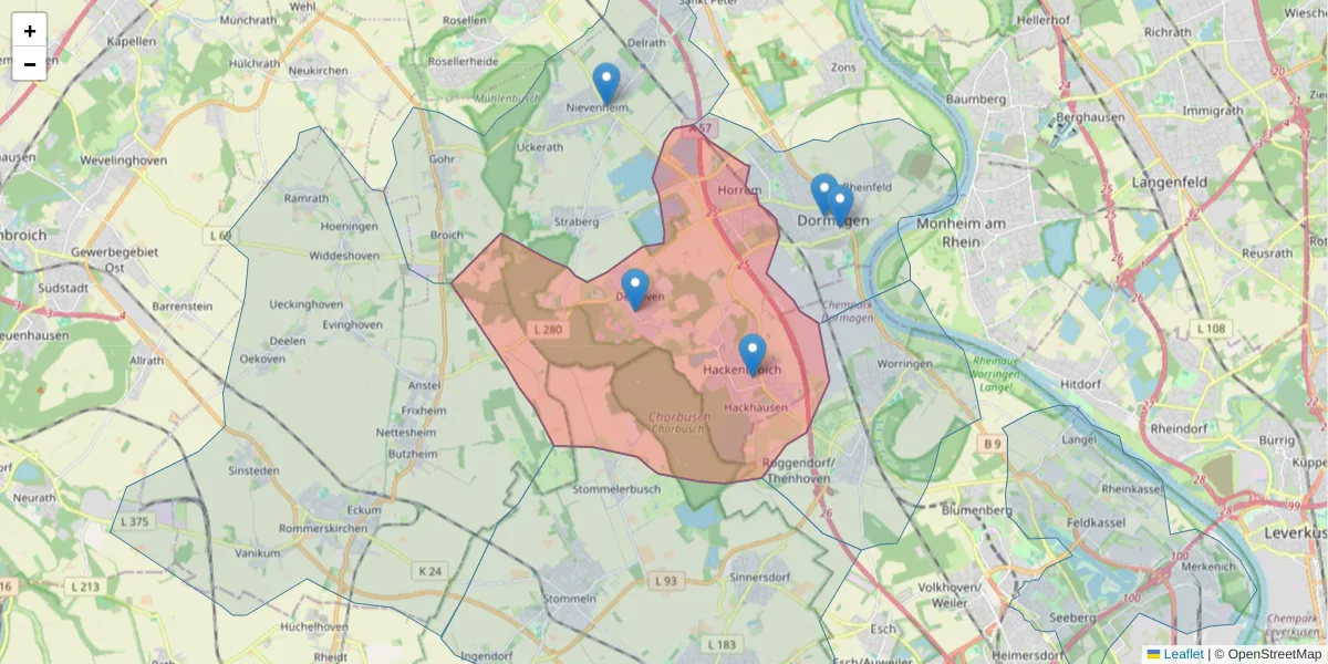 Karte des Postleitzahlen Bereichs  und der umliegenden Postleitzahlen in Deutschland