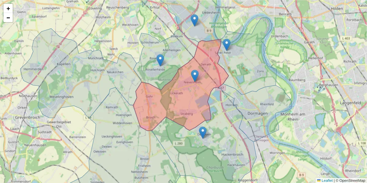Karte des Postleitzahlen Bereichs  und der umliegenden Postleitzahlen in Deutschland
