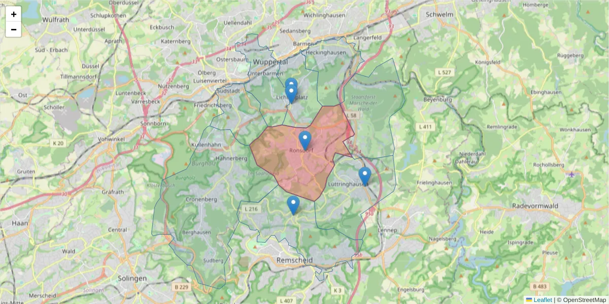 Karte des Postleitzahlen Bereichs  und der umliegenden Postleitzahlen in Deutschland