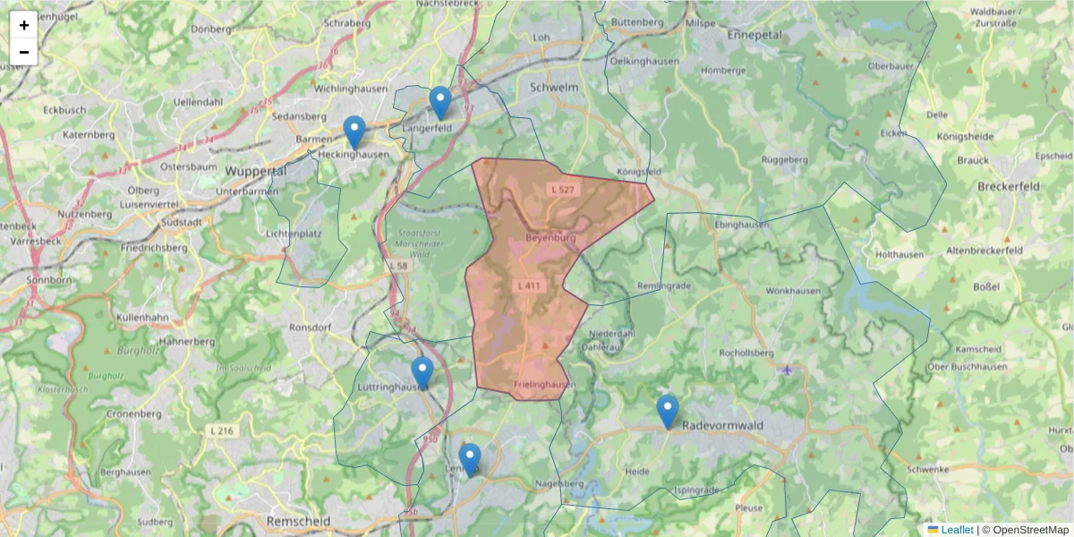 Karte des Postleitzahlen Bereichs  und der umliegenden Postleitzahlen in Deutschland