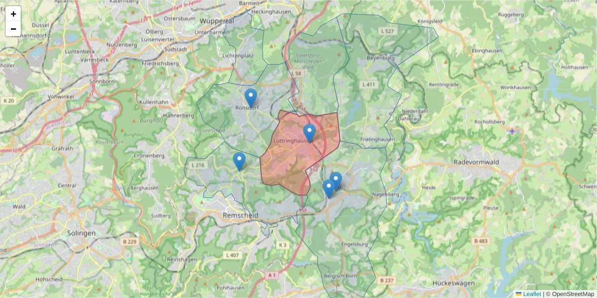 Karte des Postleitzahlen Bereichs  und der umliegenden Postleitzahlen in Deutschland