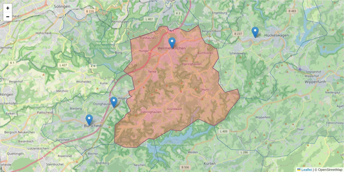 Karte des Postleitzahlen Bereichs  und der umliegenden Postleitzahlen in Deutschland