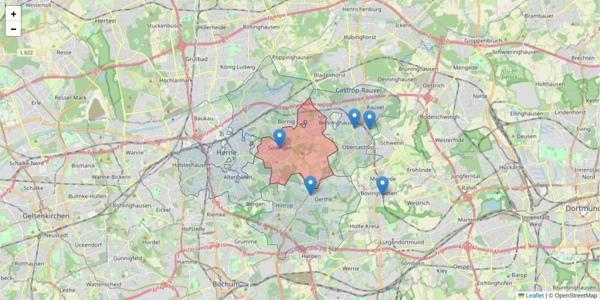 Karte des Postleitzahlen Bereichs  und der umliegenden Postleitzahlen in Deutschland
