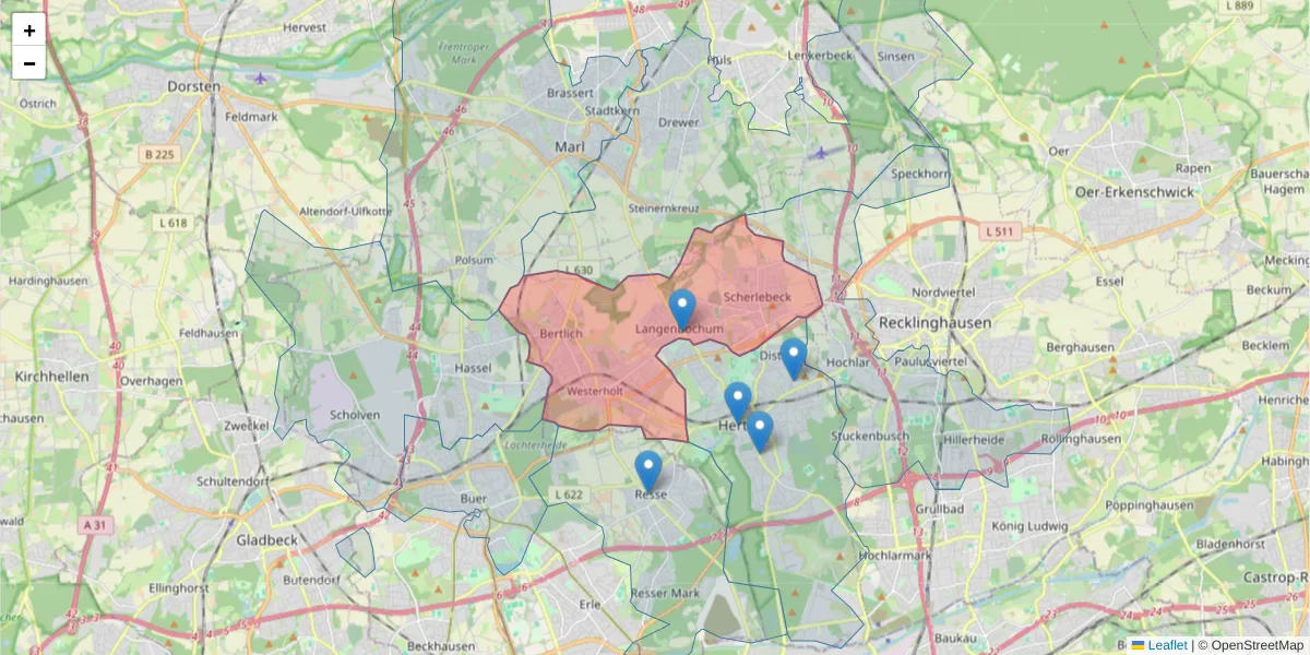Karte des Postleitzahlen Bereichs  und der umliegenden Postleitzahlen in Deutschland