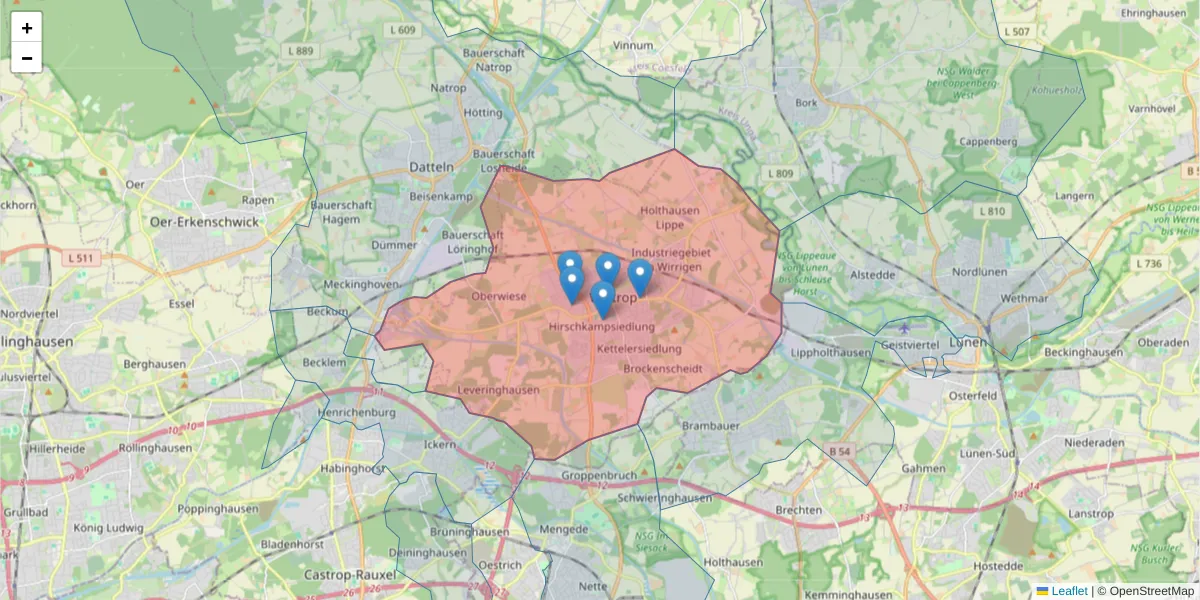 Karte des Postleitzahlen Bereichs  und der umliegenden Postleitzahlen in Deutschland