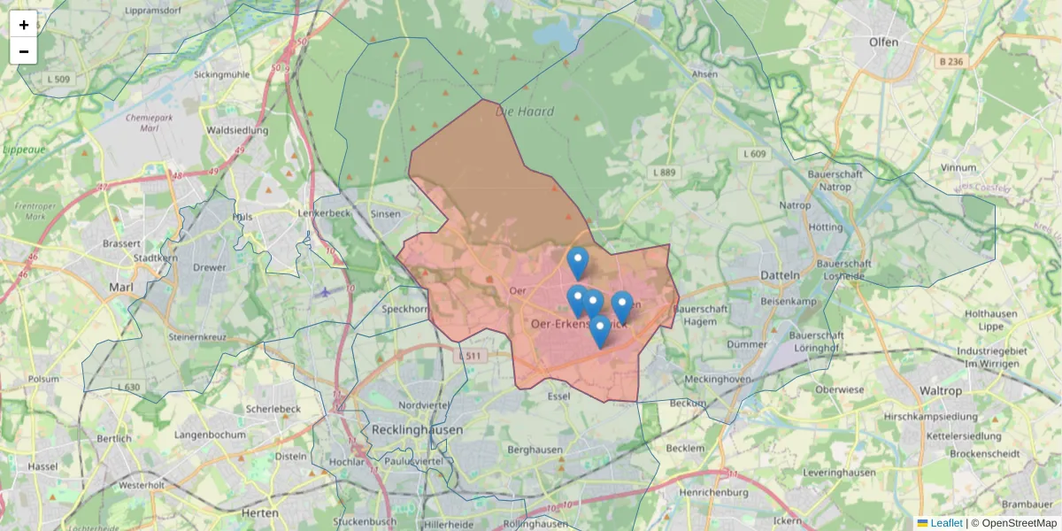 Karte des Postleitzahlen Bereichs  und der umliegenden Postleitzahlen in Deutschland