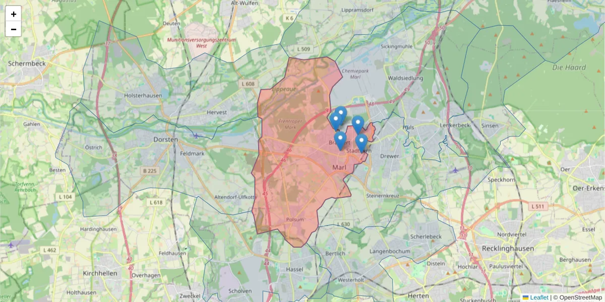 Karte des Postleitzahlen Bereichs  und der umliegenden Postleitzahlen in Deutschland