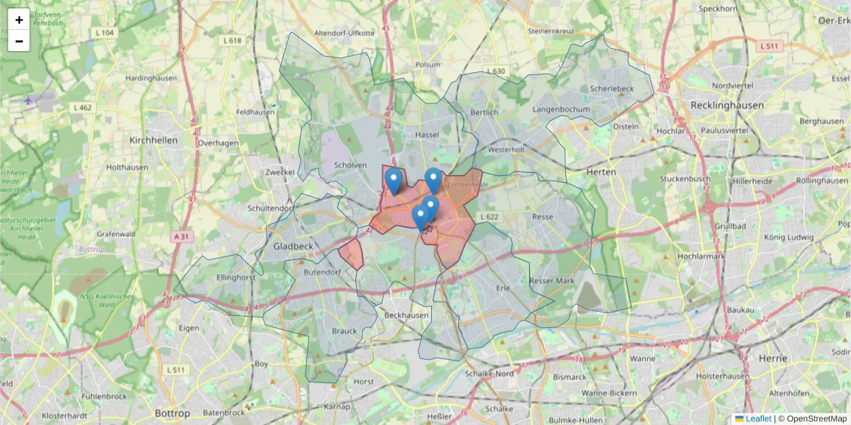 Karte des Postleitzahlen Bereichs  und der umliegenden Postleitzahlen in Deutschland