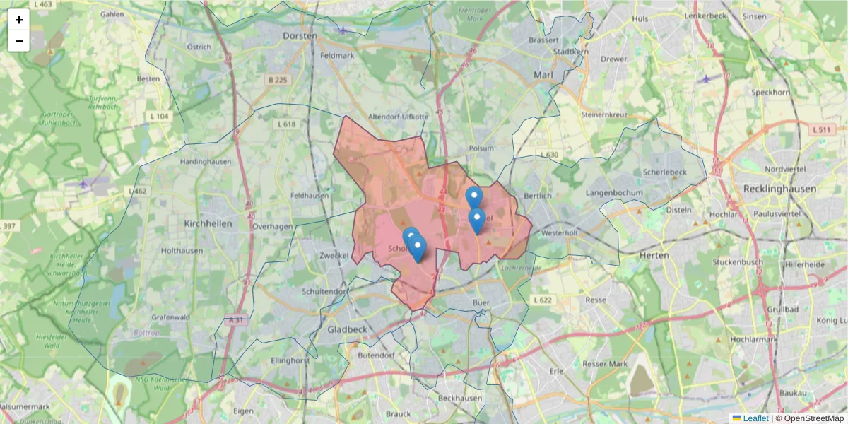 Karte des Postleitzahlen Bereichs  und der umliegenden Postleitzahlen in Deutschland