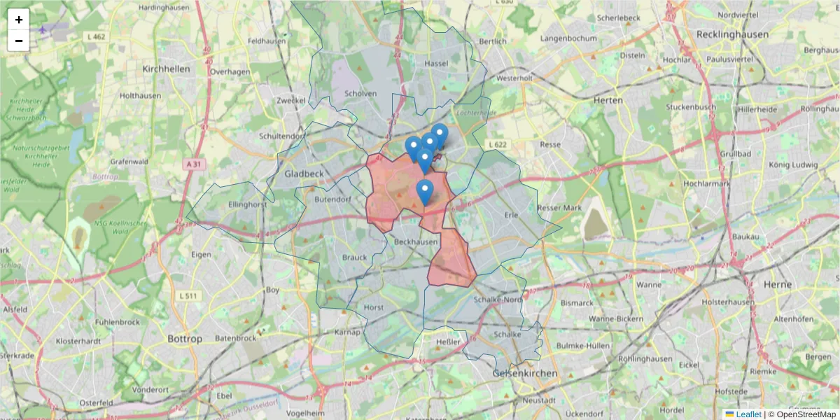Karte des Postleitzahlen Bereichs  und der umliegenden Postleitzahlen in Deutschland