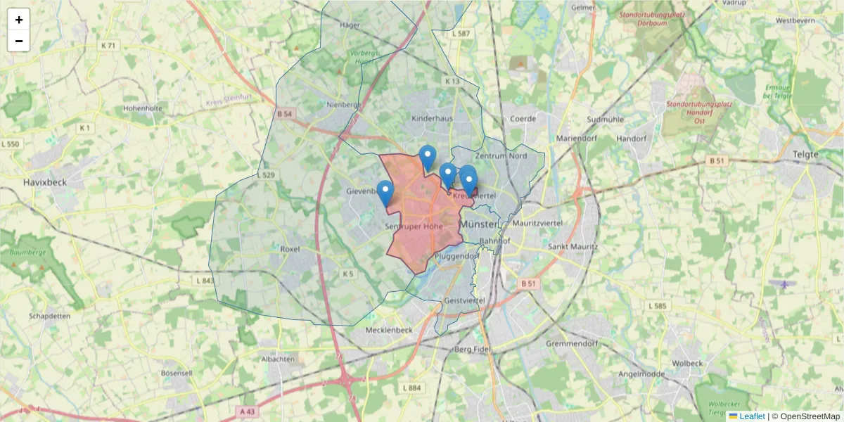 Karte des Postleitzahlen Bereichs  und der umliegenden Postleitzahlen in Deutschland