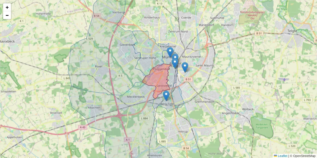 Karte des Postleitzahlen Bereichs  und der umliegenden Postleitzahlen in Deutschland
