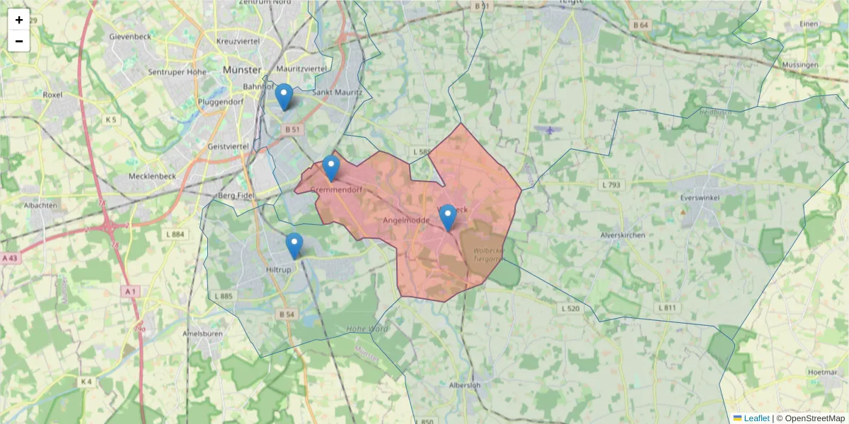 Karte des Postleitzahlen Bereichs  und der umliegenden Postleitzahlen in Deutschland