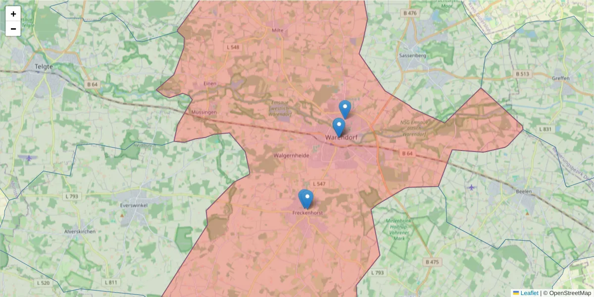 Karte des Postleitzahlen Bereichs  und der umliegenden Postleitzahlen in Deutschland