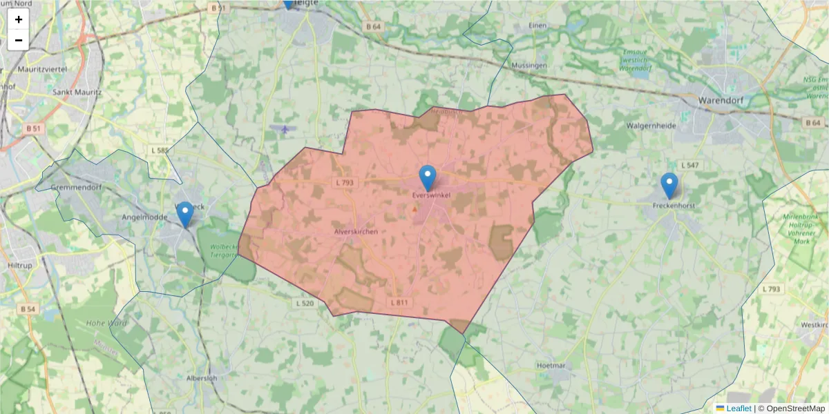 Karte des Postleitzahlen Bereichs  und der umliegenden Postleitzahlen in Deutschland