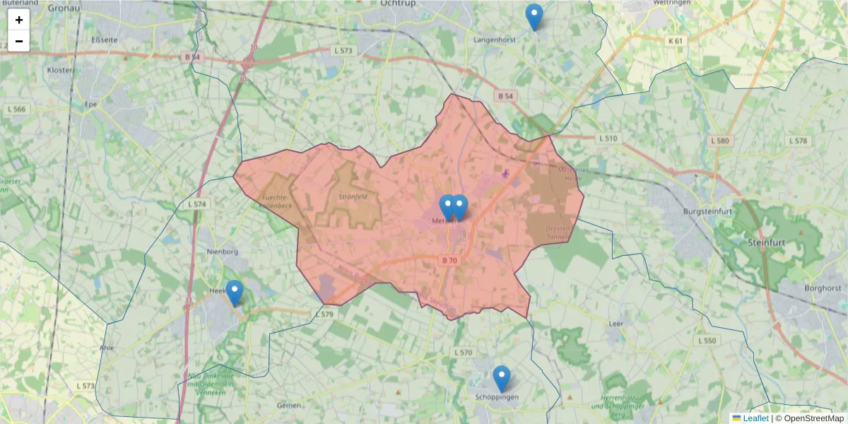 Karte des Postleitzahlen Bereichs  und der umliegenden Postleitzahlen in Deutschland