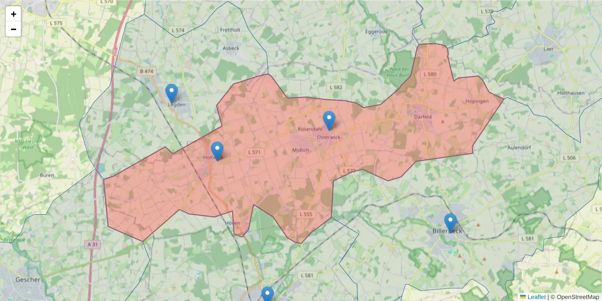 Karte des Postleitzahlen Bereichs  und der umliegenden Postleitzahlen in Deutschland