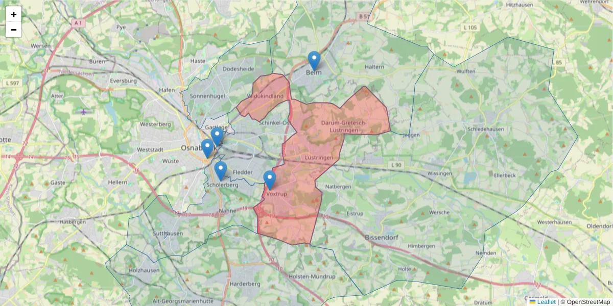 Karte des Postleitzahlen Bereichs  und der umliegenden Postleitzahlen in Deutschland