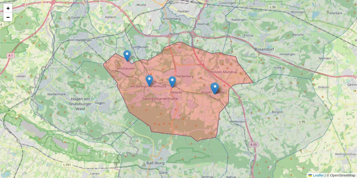 Karte des Postleitzahlen Bereichs  und der umliegenden Postleitzahlen in Deutschland