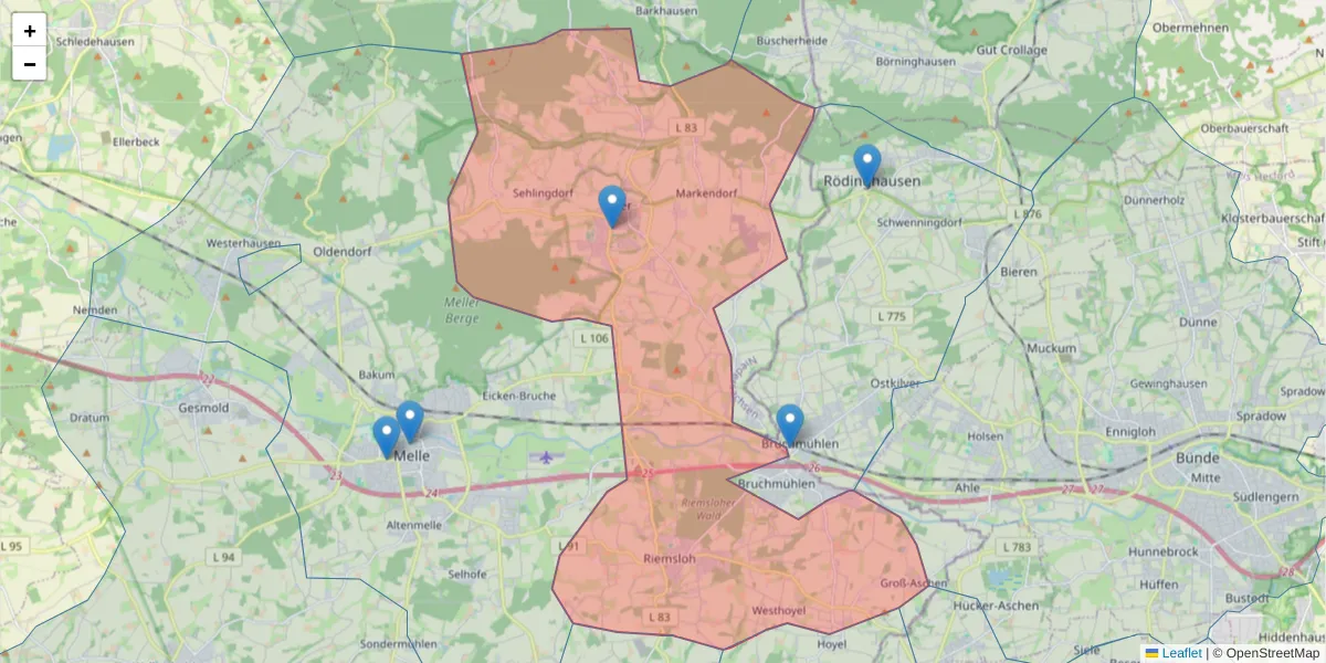 Karte des Postleitzahlen Bereichs  und der umliegenden Postleitzahlen in Deutschland