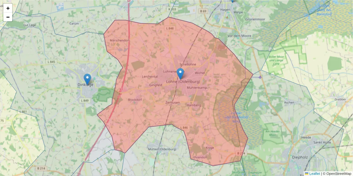 Karte des Postleitzahlen Bereichs  und der umliegenden Postleitzahlen in Deutschland