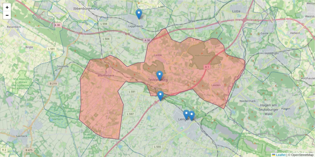Karte des Postleitzahlen Bereichs  und der umliegenden Postleitzahlen in Deutschland