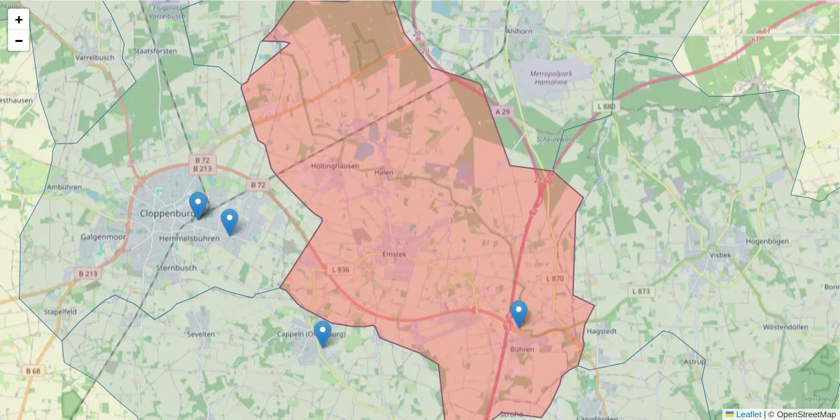 Karte des Postleitzahlen Bereichs  und der umliegenden Postleitzahlen in Deutschland