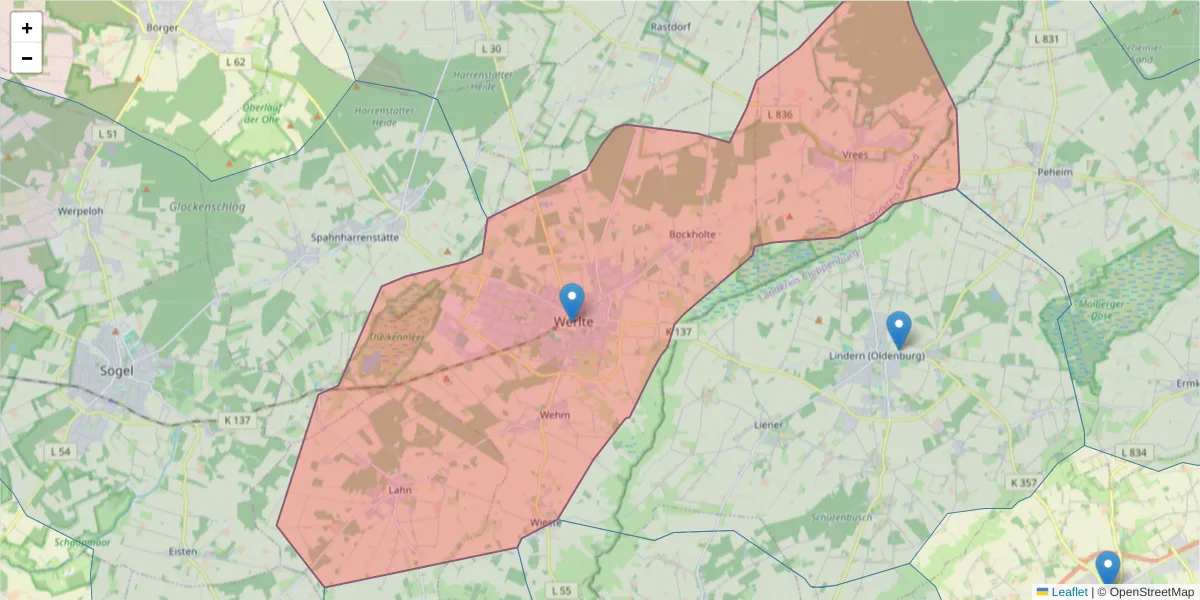 Karte des Postleitzahlen Bereichs  und der umliegenden Postleitzahlen in Deutschland