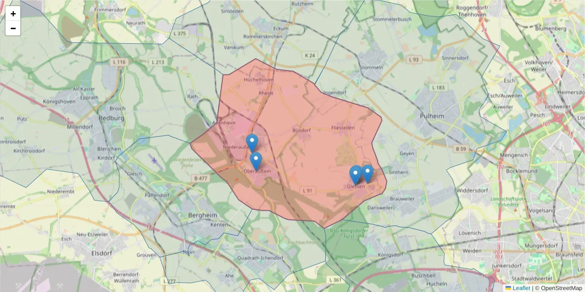 Karte des Postleitzahlen Bereichs  und der umliegenden Postleitzahlen in Deutschland