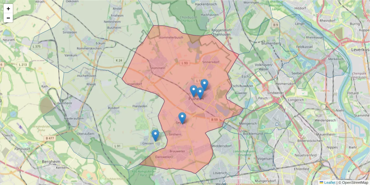 Karte des Postleitzahlen Bereichs  und der umliegenden Postleitzahlen in Deutschland
