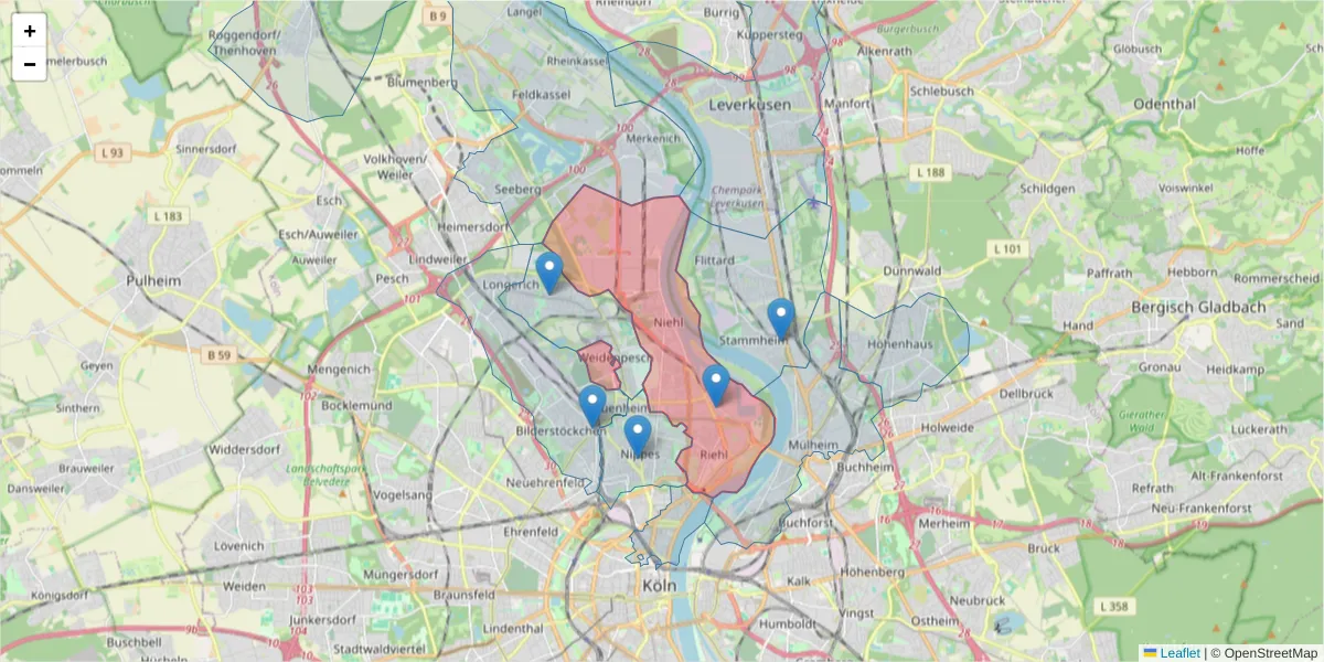 Karte des Postleitzahlen Bereichs  und der umliegenden Postleitzahlen in Deutschland