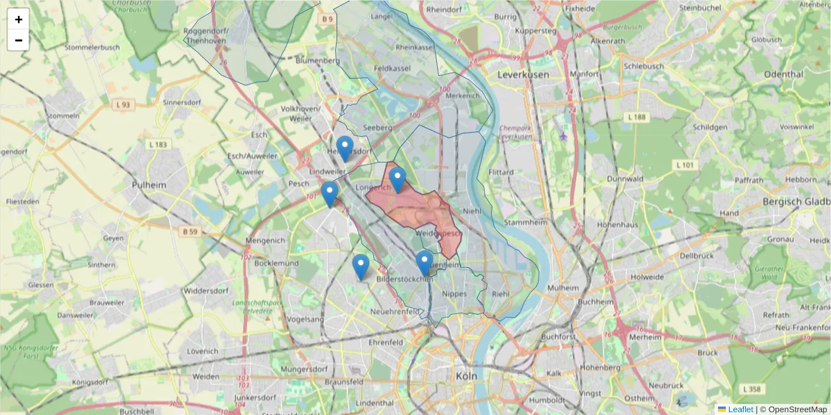 Karte des Postleitzahlen Bereichs  und der umliegenden Postleitzahlen in Deutschland