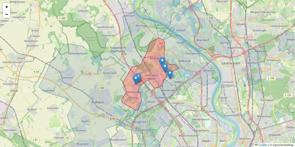 Karte des Postleitzahlen Bereichs  und der umliegenden Postleitzahlen in Deutschland