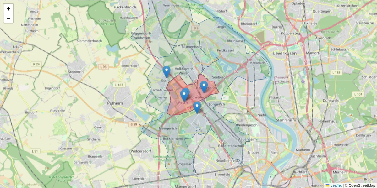 Karte des Postleitzahlen Bereichs  und der umliegenden Postleitzahlen in Deutschland