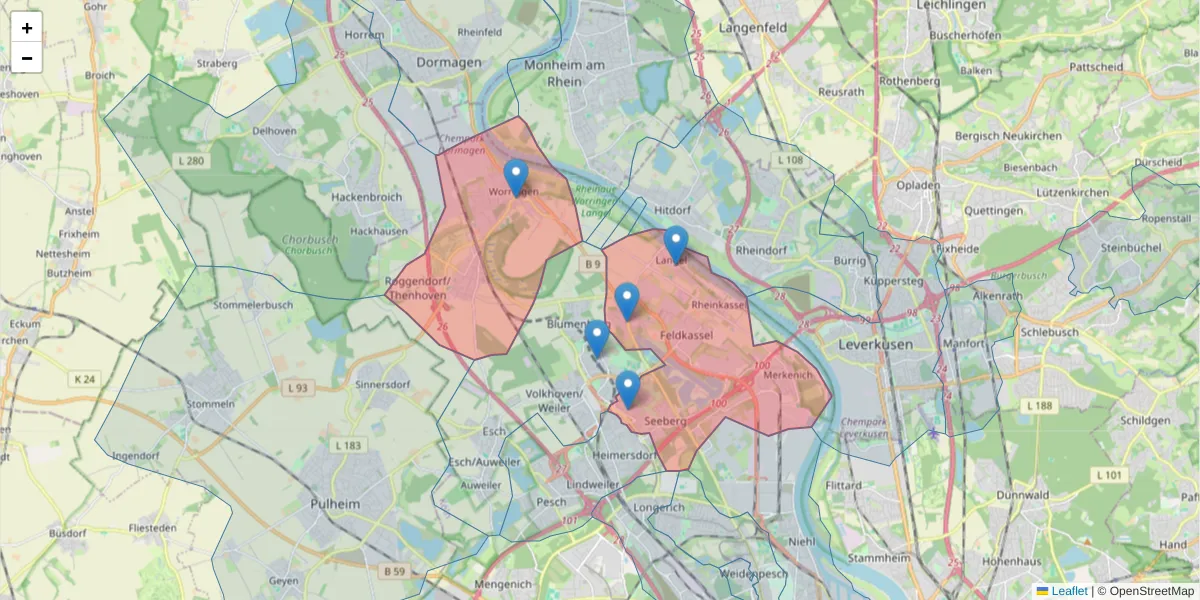 Karte des Postleitzahlen Bereichs  und der umliegenden Postleitzahlen in Deutschland
