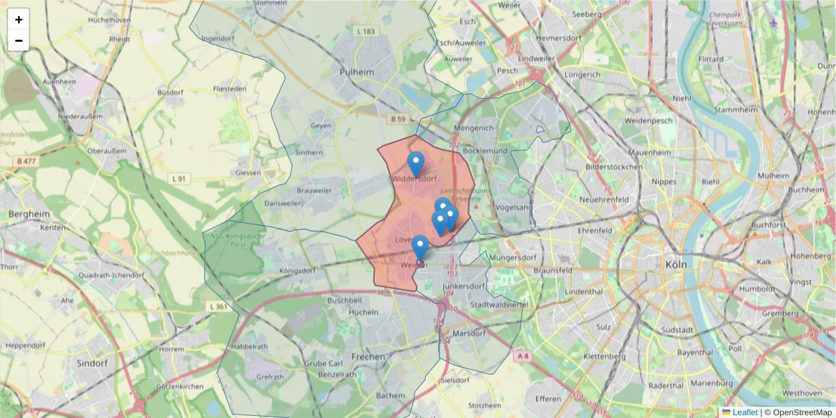 Karte des Postleitzahlen Bereichs  und der umliegenden Postleitzahlen in Deutschland