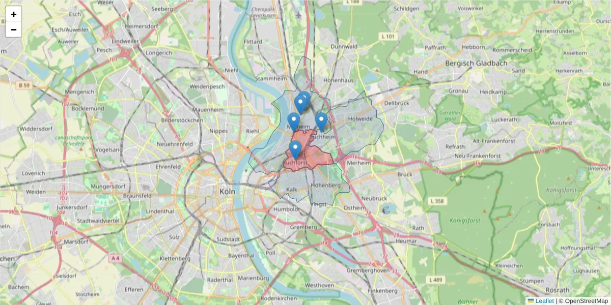 Karte des Postleitzahlen Bereichs  und der umliegenden Postleitzahlen in Deutschland