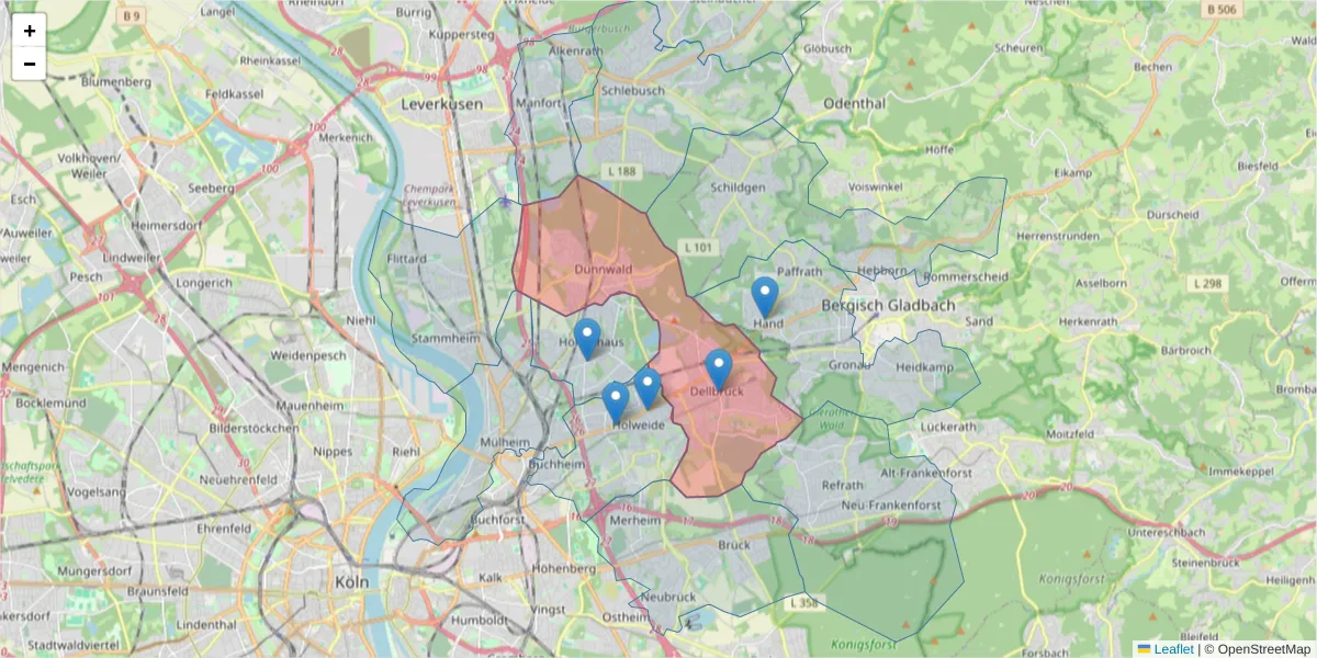 Karte des Postleitzahlen Bereichs  und der umliegenden Postleitzahlen in Deutschland