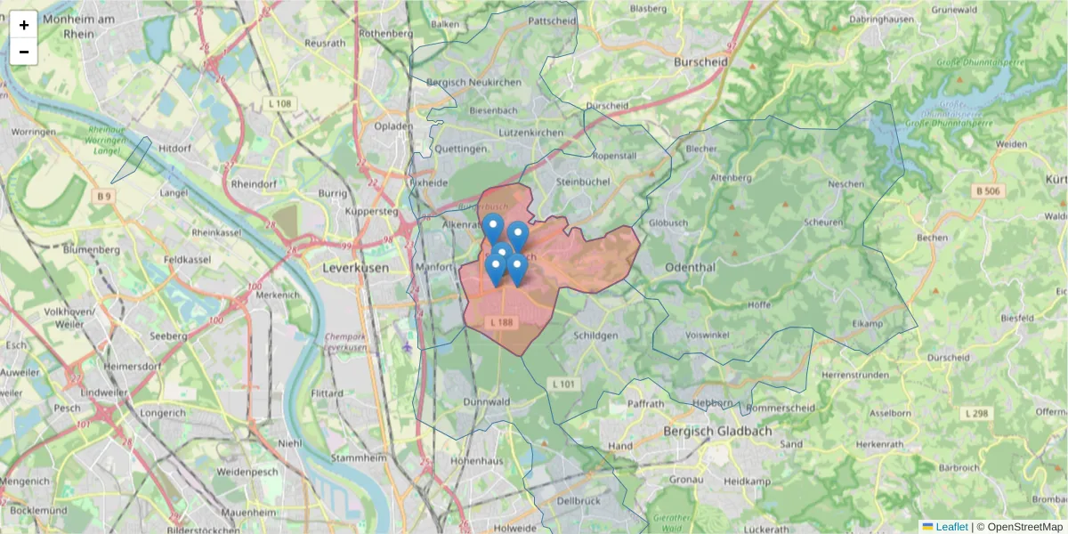Karte des Postleitzahlen Bereichs  und der umliegenden Postleitzahlen in Deutschland