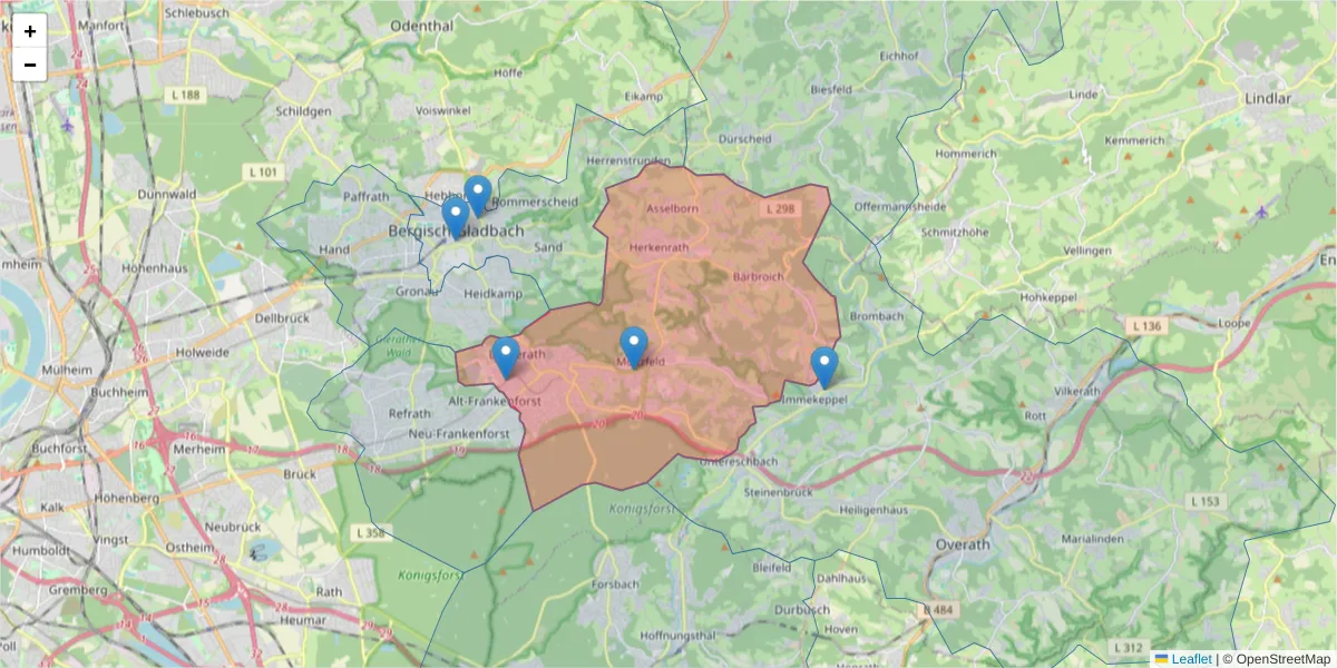 Karte des Postleitzahlen Bereichs  und der umliegenden Postleitzahlen in Deutschland
