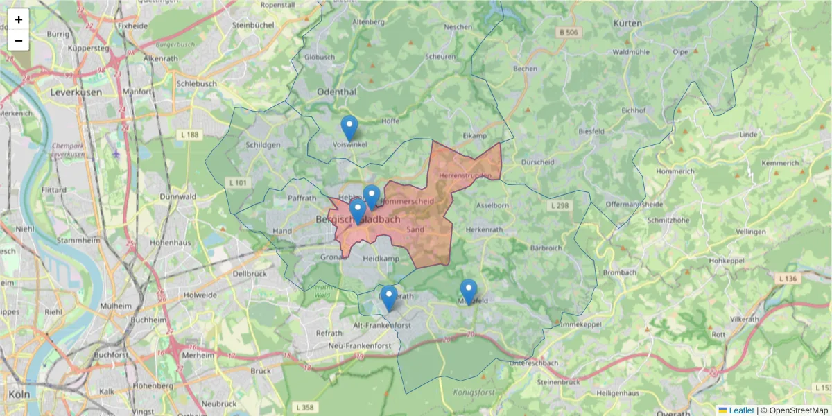 Karte des Postleitzahlen Bereichs  und der umliegenden Postleitzahlen in Deutschland