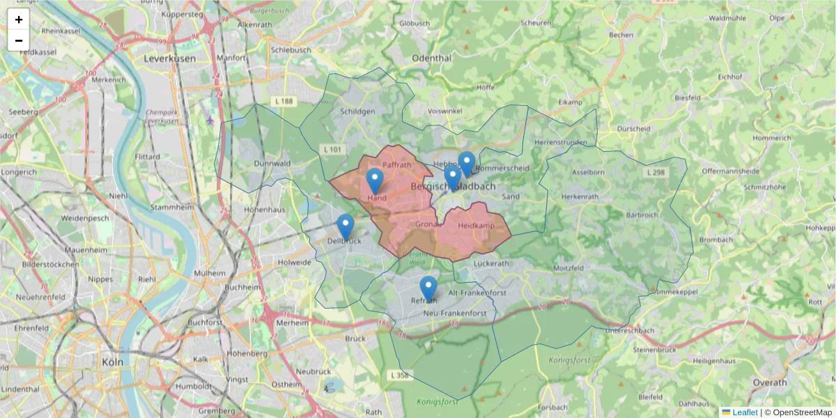 Karte des Postleitzahlen Bereichs  und der umliegenden Postleitzahlen in Deutschland