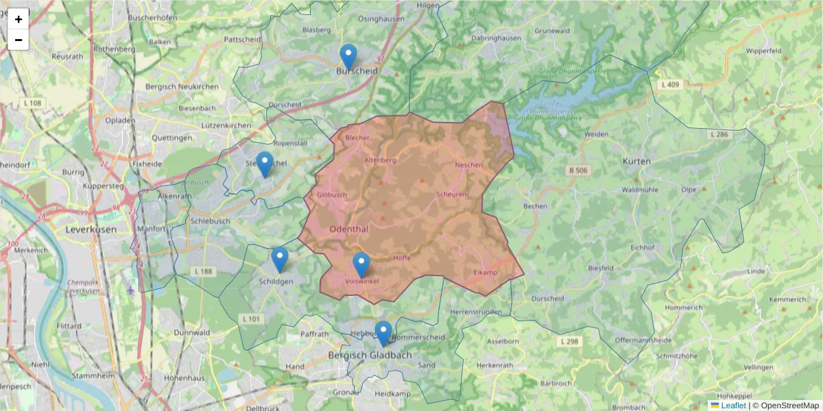 Karte des Postleitzahlen Bereichs  und der umliegenden Postleitzahlen in Deutschland