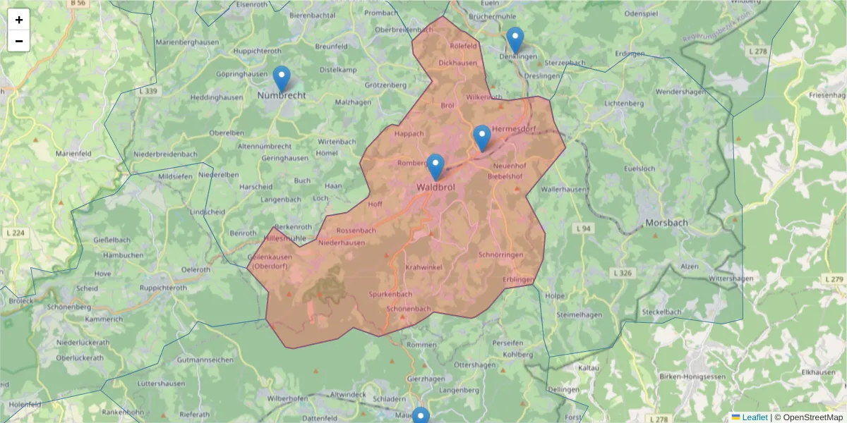 Karte des Postleitzahlen Bereichs  und der umliegenden Postleitzahlen in Deutschland