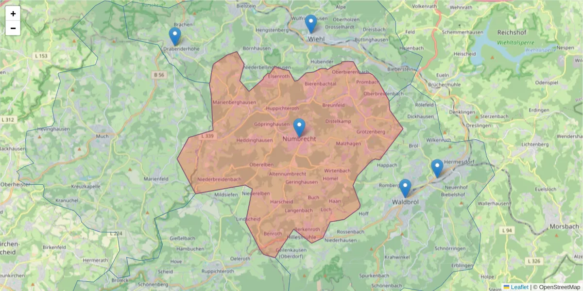 Karte des Postleitzahlen Bereichs  und der umliegenden Postleitzahlen in Deutschland